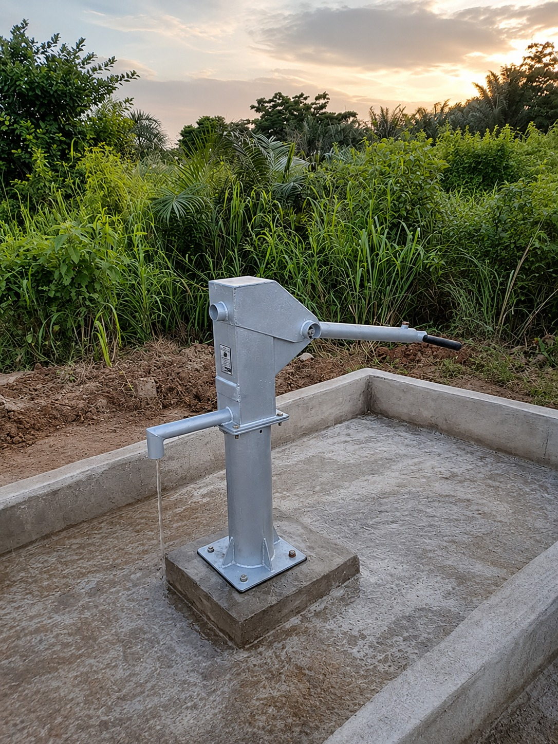 A hand water pump in a green community setting