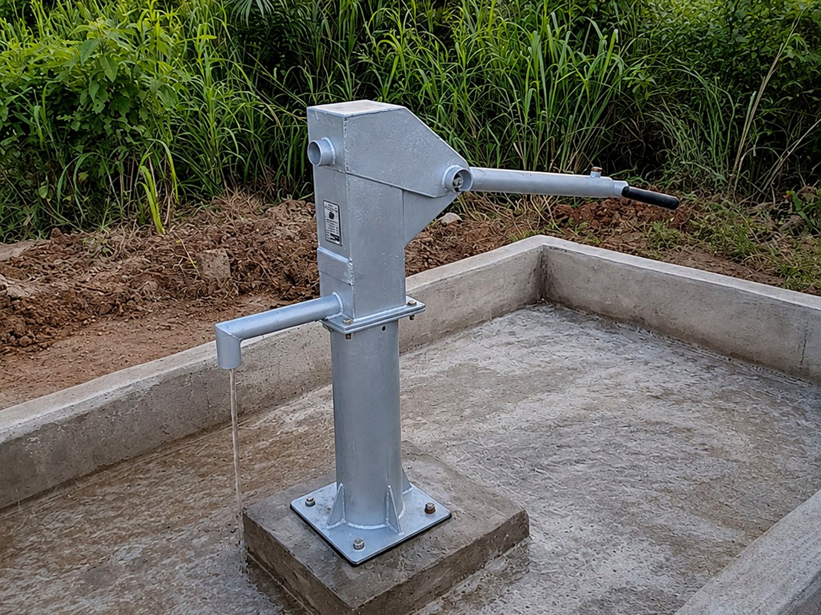 A community water pump on its concrete platform