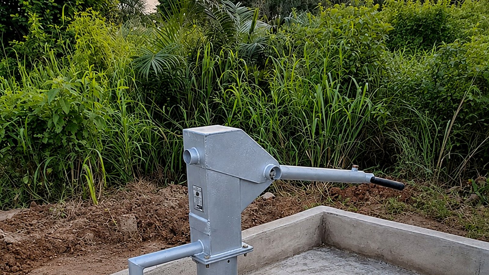 A hand-operated water pump in a community setting