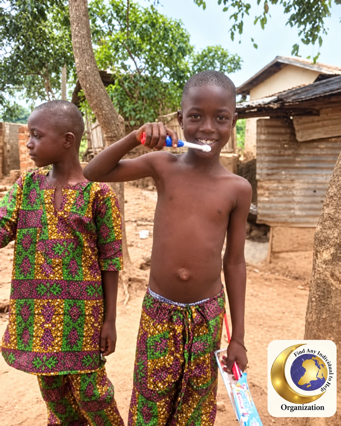 Two children outdoors, one brushing their teeth during a hygiene activity